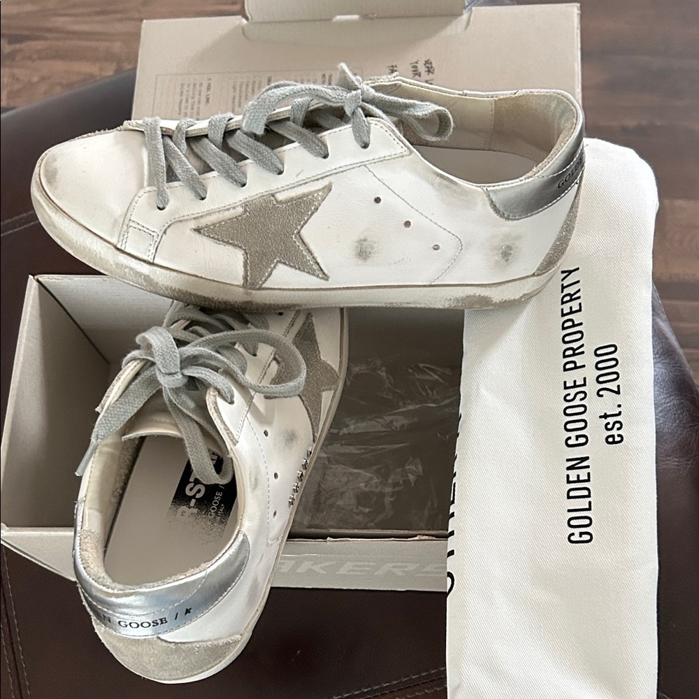 Golden Goose White Leather Sneakers with Silver Star and Heel